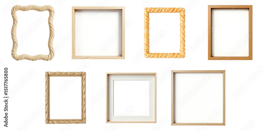 Poster collection of various decorative picture frames isolated on transparent background with different sh