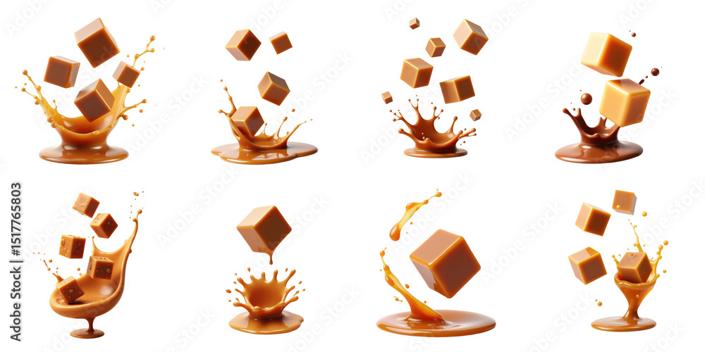 Poster flying caramel cubes with melting chocolate splash isolated on transparent background featuring mult