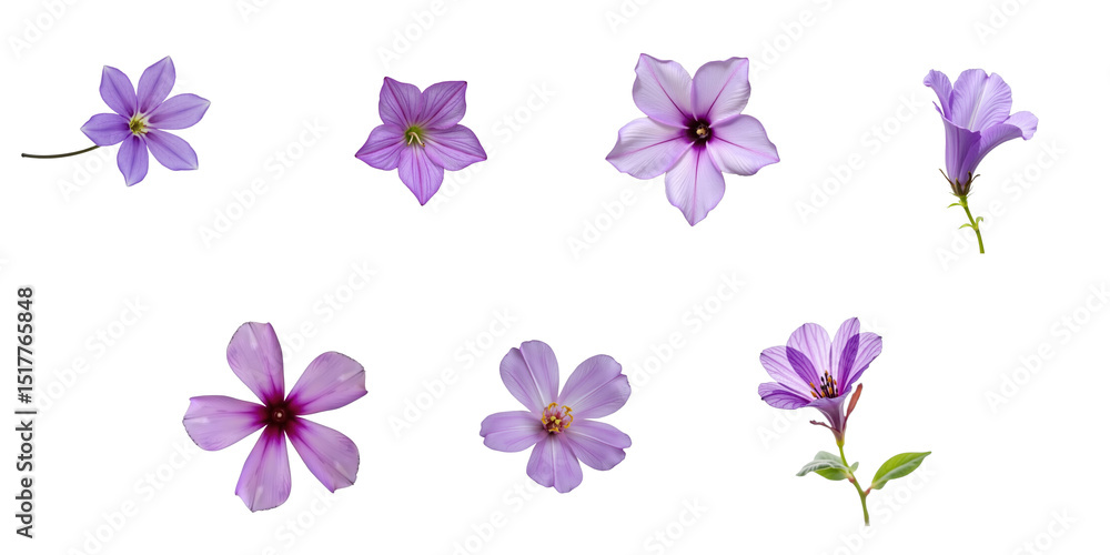 Poster collection of different purple flowers on a transparent background featuring various bloom types and
