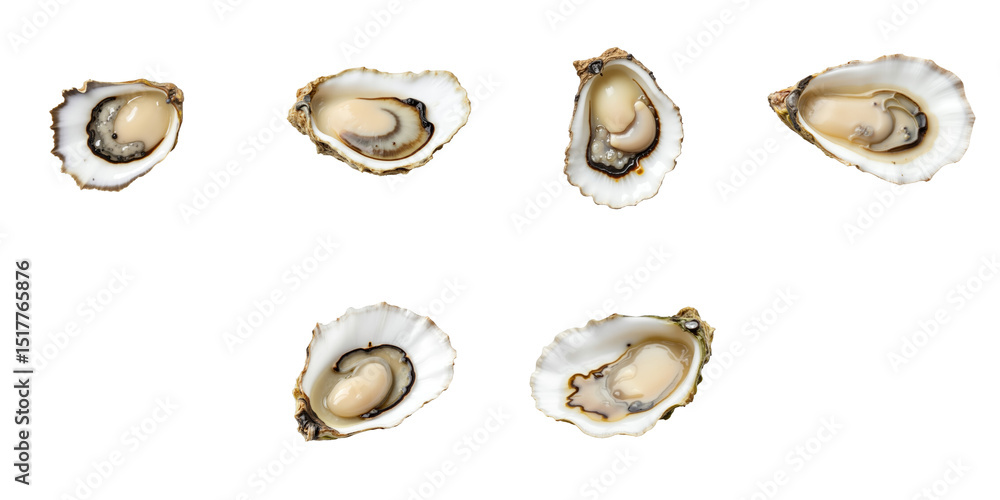 Poster collection of freshly opened oysters displayed on isolated transparent background showing various an