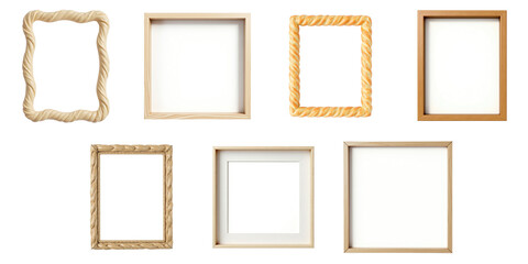 Collection of various decorative picture frames isolated on transparent background with different shapes and designs showcasing diverse materials and finishes.