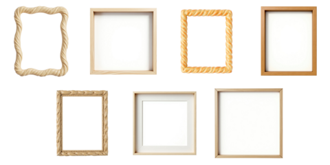 Collection of various decorative picture frames isolated on transparent background with different shapes and designs showcasing diverse materials and finishes.