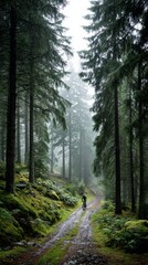 Obraz premium Misty forest trail adventure with cyclist among tall pine trees