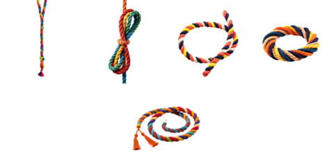 Multicolored ropes in various shapes and configurations isolated on a transparent background displaying intricate textures and vibrant colors
