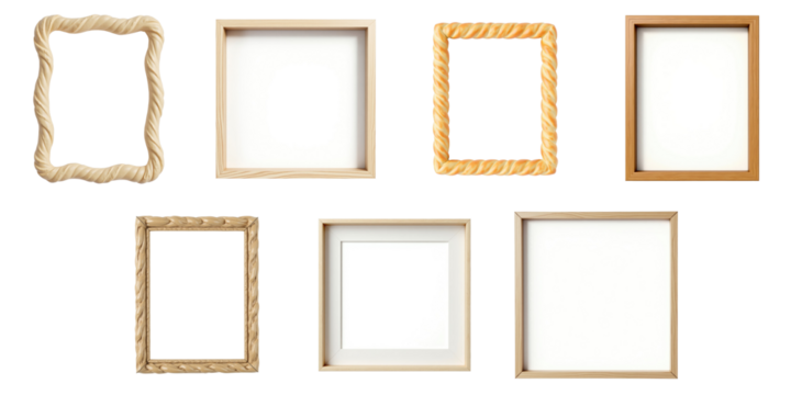 Collection of various decorative picture frames isolated on transparent background with different shapes and designs showcasing diverse materials and finishes.