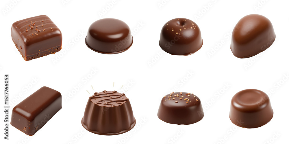 Poster variety of chocolate confections isolated on a transparent background displaying different shapes an