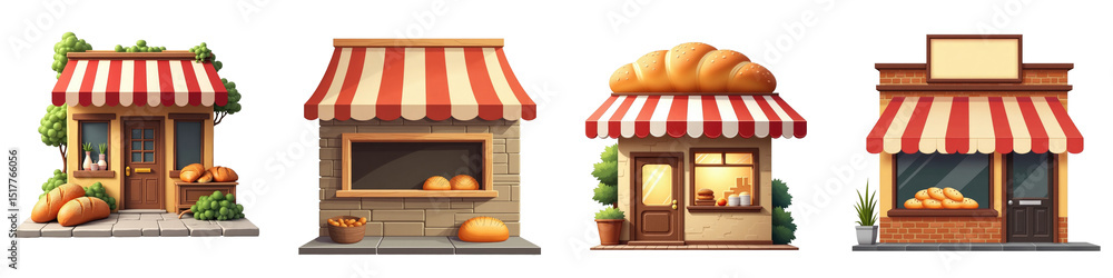 Poster bakery storefront illustrations featuring four distinct designs with colorful awnings and various br