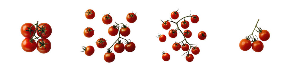 Variety of cherry tomatoes displayed on a transparent background featuring clusters and individual tomatoes arranged in different configurations for culinary use