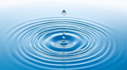Blue Water Droplet Creating Concentric Ripples on a Calm Surface