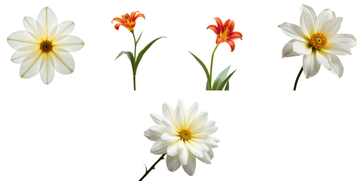 collection of five isolated flowers including daisies and lilies on a transparent background ideal for graphic design and floral compositions