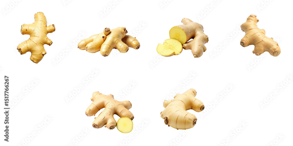 Poster fresh ginger roots and slices isolated on transparent background arranged in multiple positions show