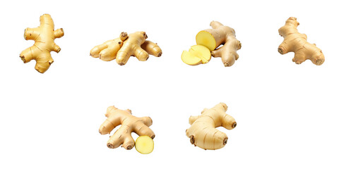 fresh ginger roots and slices isolated on transparent background arranged in multiple positions showcasing their natural organic shapes and texture