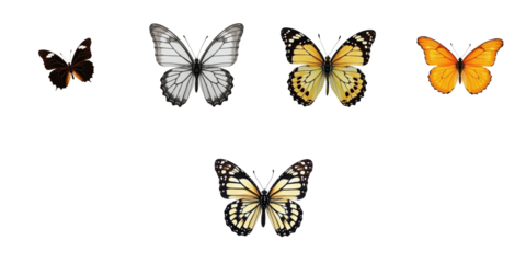 Colorful butterflies in various poses isolated on a transparent background featuring five distinct species showcasing unique patterns and colors