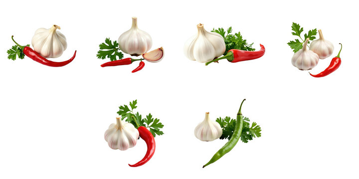 Fresh garlic bulbs, cloves, red and green chili peppers, and parsley arranged on a transparent background, highlighting vibrant colors and textures of ingredients.