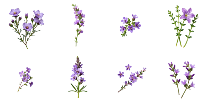 variety of fresh thyme flowers isolated on transparent background displaying multiple angles and arrangements with vibrant purple hues and lush green stems