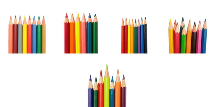 Assorted colored pencils arranged in groups with pointed tips visible, isolated on a transparent background, showcasing vibrant colors and various shades.