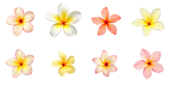 Set of frangipani flowers in various colors and arrangements isolated on a transparent background for decorative and design purposes.