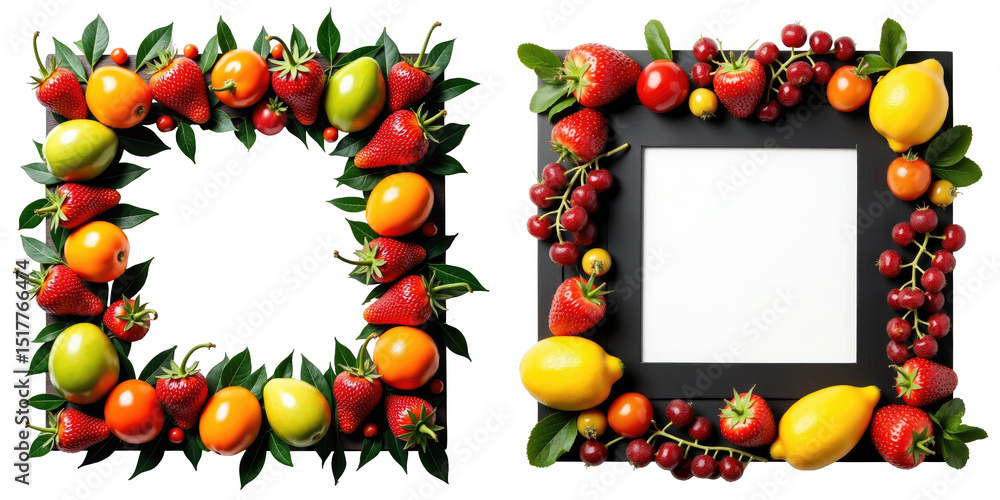 Poster frame made of assorted colorful fruits including strawberries, lemons, and grapes on a transparent b