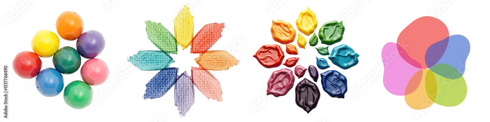 Poster colorful arrangement of assorted objects including balls, paper petals, wax crayons, and overlapping