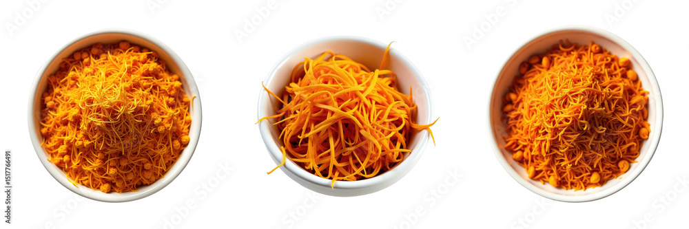 Poster saffron threads in white bowls arranged on a transparent background showcasing different variations 