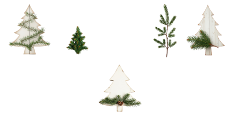 Set of decorative Christmas fir tree silhouettes with pine branch accents isolated on transparent background, ideal for holiday-themed design projects.