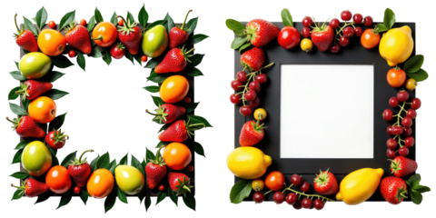 frame made of assorted colorful fruits including strawberries, lemons, and grapes on a transparent background with blank center for text isolated on transparent background