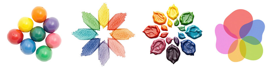 Fototapeta premium Colorful arrangement of assorted objects including balls, paper petals, wax crayons, and overlapping shapes on a transparent background designed for creative compositions.