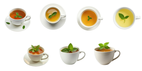 Set of six cups featuring various types of mint tea, isolated on transparent background with distinct colors and garnishes for each cup.