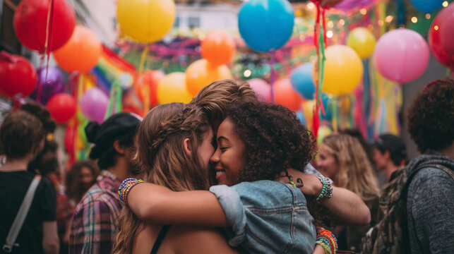 A group of people are hugging each other in a crowded room