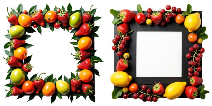 frame made of assorted colorful fruits including strawberries, lemons, and grapes on a transparent background with blank center for text isolated on transparent background