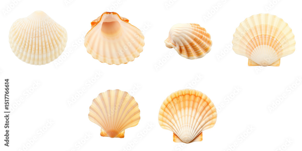 Poster assortment of fresh scallop shells in various shapes and sizes isolated on a transparent background 