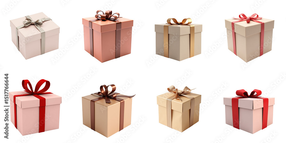 Poster collection of various gift boxes with ribbons in different colors on transparent background arranged