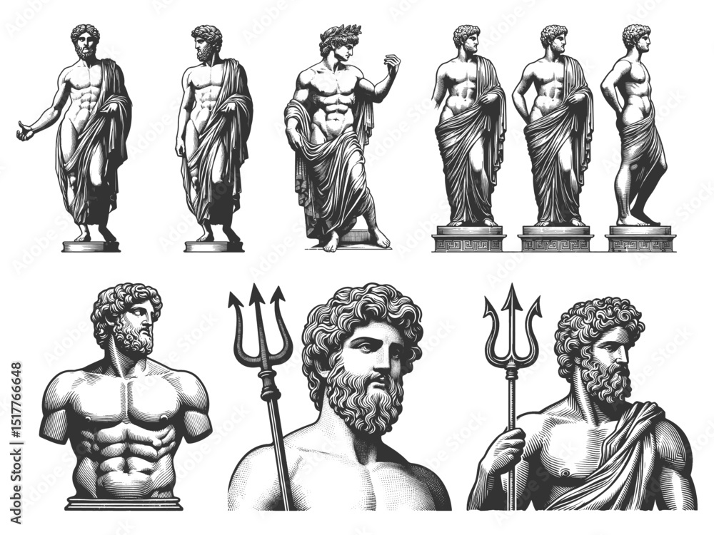 Poster ancient statue greco-roman busts and sculptures set collection bundle sketch engraving generative ai