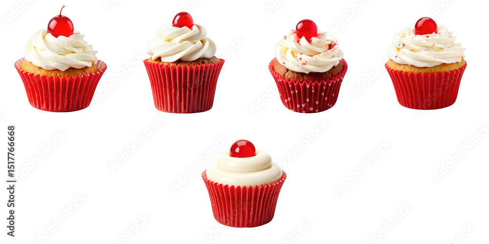 Aufkleber five red cupcakes with white cream frosting and cherries on top arranged in a circular pattern, isol