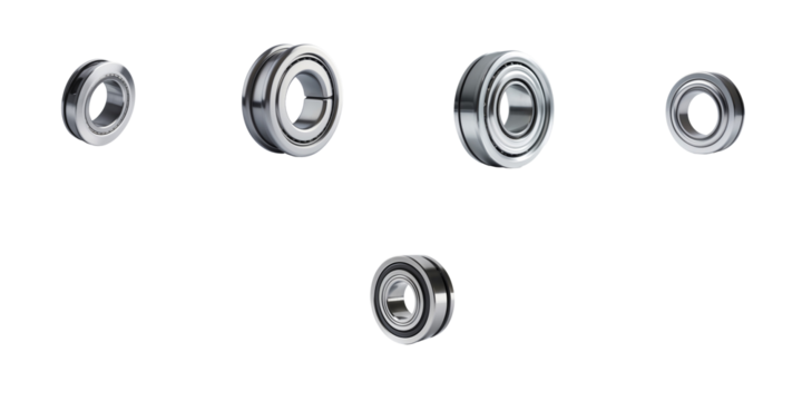 Assorted Sliding Window Bearings Arranged in Different Sizes with a Transparent Background Ideal for Engineering and Product Design Applications