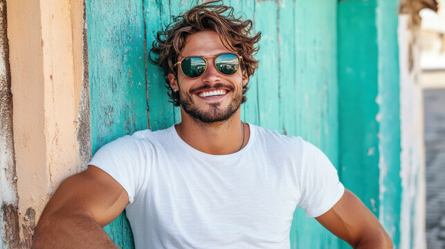 Smiling man wearing sunglasses against colorful wall, exuding confidence and joy