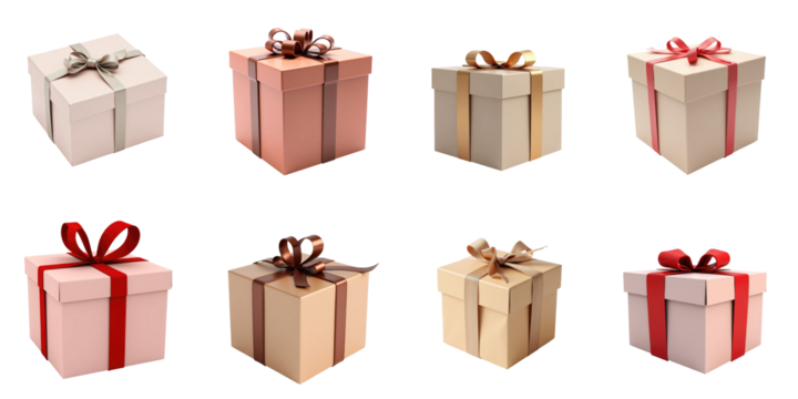 collection of various gift boxes with ribbons in different colors on transparent background arranged in a grid pattern ideal for holiday and celebration themes