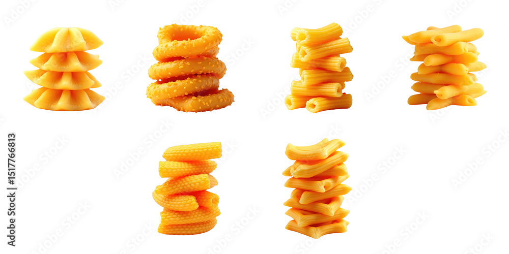 Poster close up view of vertical stacks of different shapes of spicy fried macaroni against a transparent b