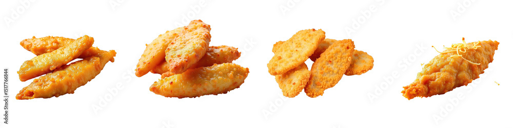 Aufkleber crispy fried fish fillets arranged in various stacks on transparent background showcasing different 