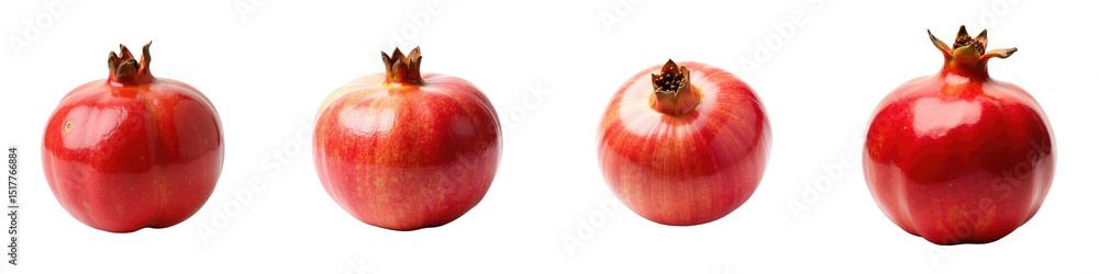 Poster whole pomegranates displayed on transparent background with varied angles highlighting textures and 