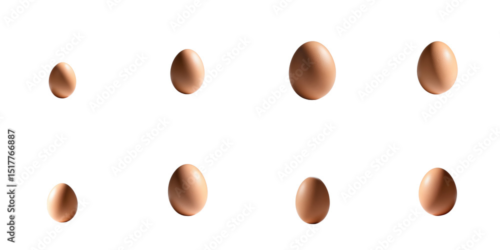 Poster collection of brown eggs arranged in various positions isolated on a solid transparent background fo
