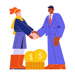 Flat style illustration showing group discussing pay equity