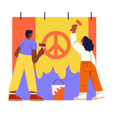 A flat illustration showing two characters making an unity art