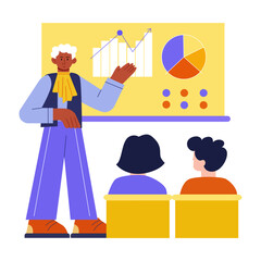 A flat style illustration showing a person giving presentation