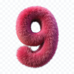 abstract 3d hairy fluffy font number 9 in different color style  isolated on transparent background