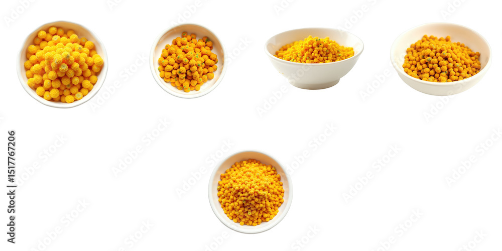 Poster bee pollen granules in various bowls isolated on transparent background showcasing different sizes a