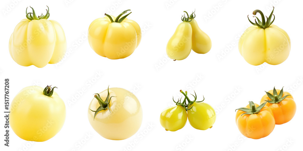 Poster various yellow tomatoes with different shapes and sizes arranged on a transparent background showcas