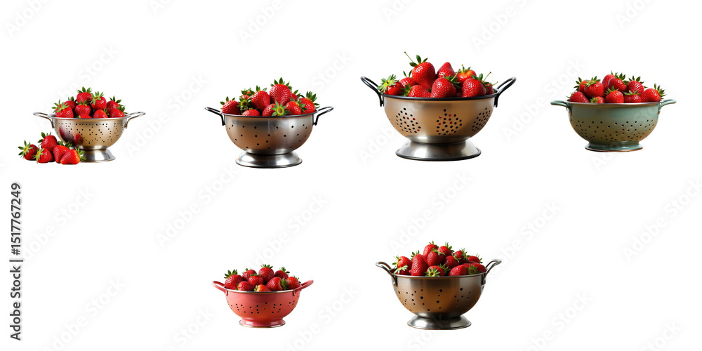 Poster colanders filled with fresh strawberries on transparent background multiple angles isolated with spa