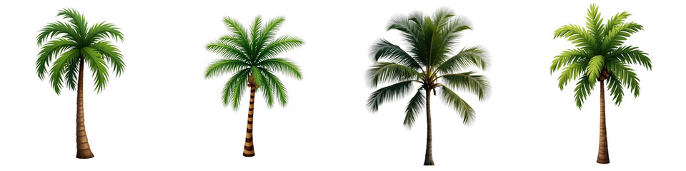 Set of four coconut palm trees with varying styles and colors, isolated on transparent background, showcasing tropical foliage and trunk detail.