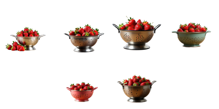 Colanders filled with fresh strawberries on transparent background multiple angles isolated with space for text food photography composition